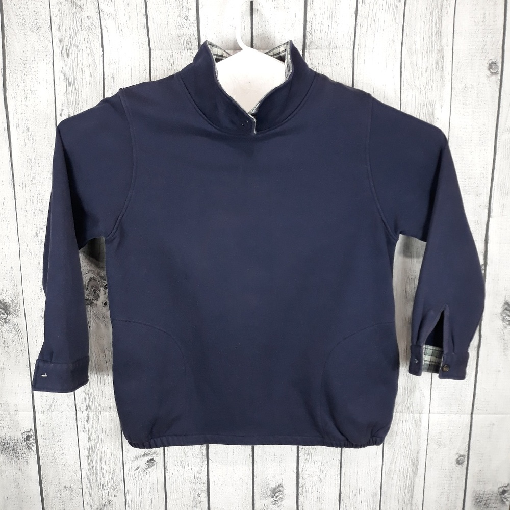 Orvis Navy Blue Plaid Button Neck Cuff Sweater